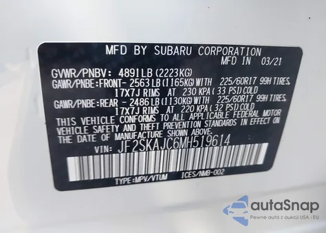 2021 Subaru Forester Premium z USA, uszkodzony, nr VIN JF2SKAJC6MH519614